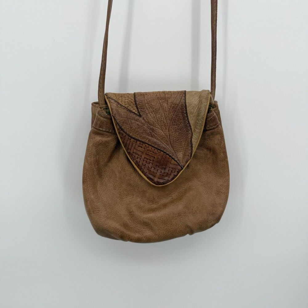 Unbranded Brown Leather Crossbody Bag Snap Button Purse Boho Hippie
